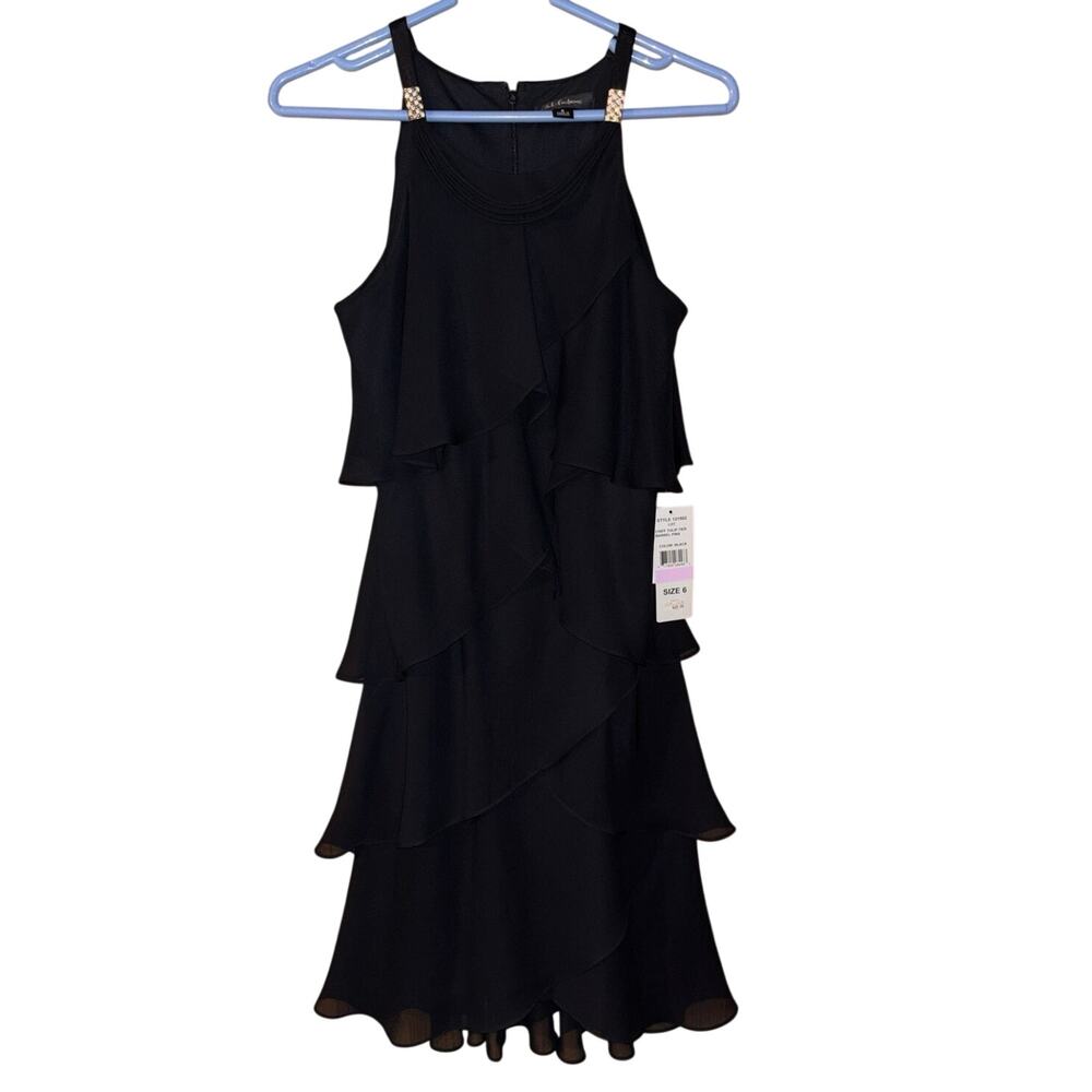 S.L. Fashions women’s black chiffon tulip tier barrel pins dress NWT (size 6)